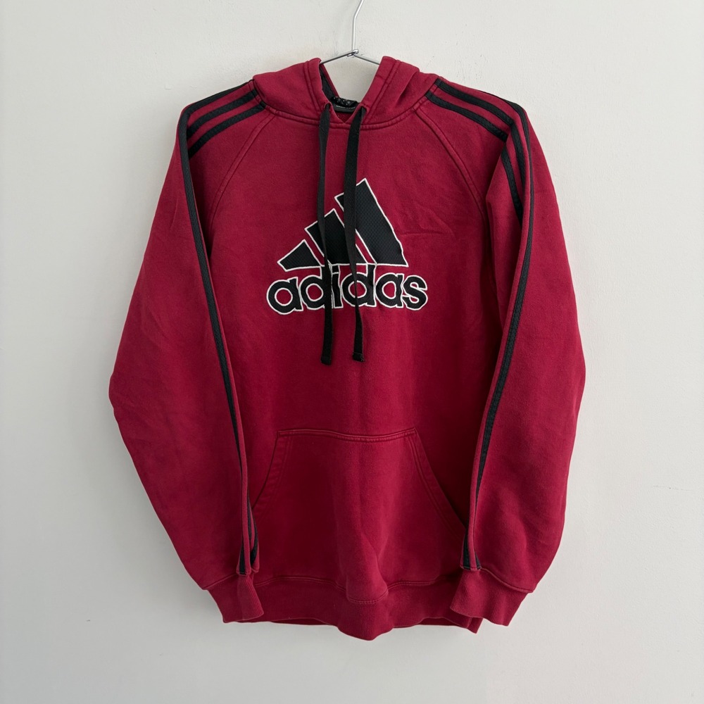 Adidas Mens Burgundy Red 3-Stripe Pullover Hoodie Size M